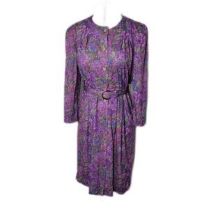 Peri Petites Vintage Button Up Belted Dress ~ Sz 6 ~ Purple ~ Midi ~ Long Sleeve